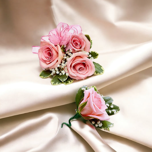 Pink Rose Corsage & Boutonnières Set