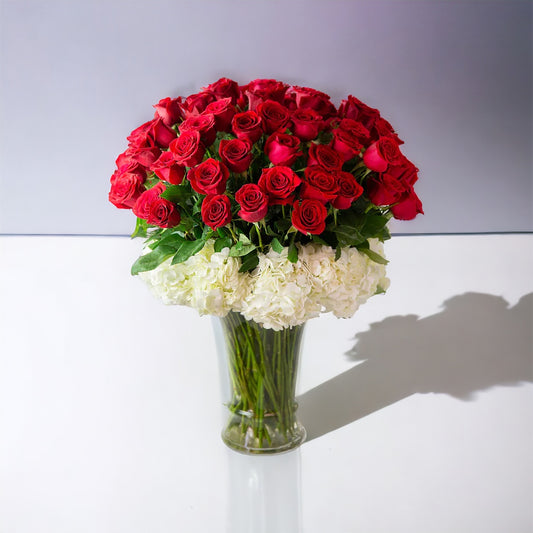 Lavish Bouquet - Red luxury Roses & Hydrangeas