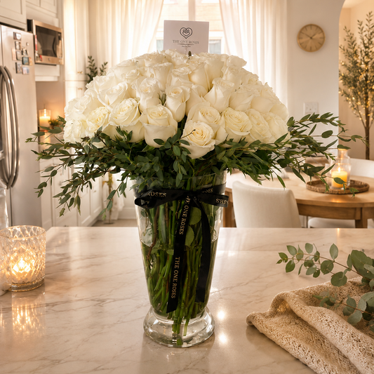 100 White Roses in Vase | Luxury Rose Bouquet