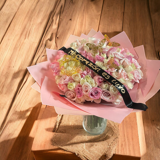 100 Stem Glitter Rose Bouquet With Crown, Butterflies, & Customized Ribbon.