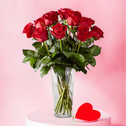 I Love You Red Roses with Greens in a Clear Vase
