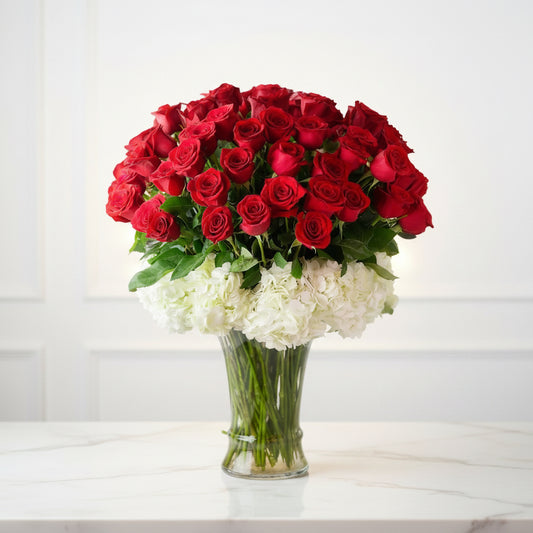 Lavish Bouquet - Red luxury Roses & Hydrangeas