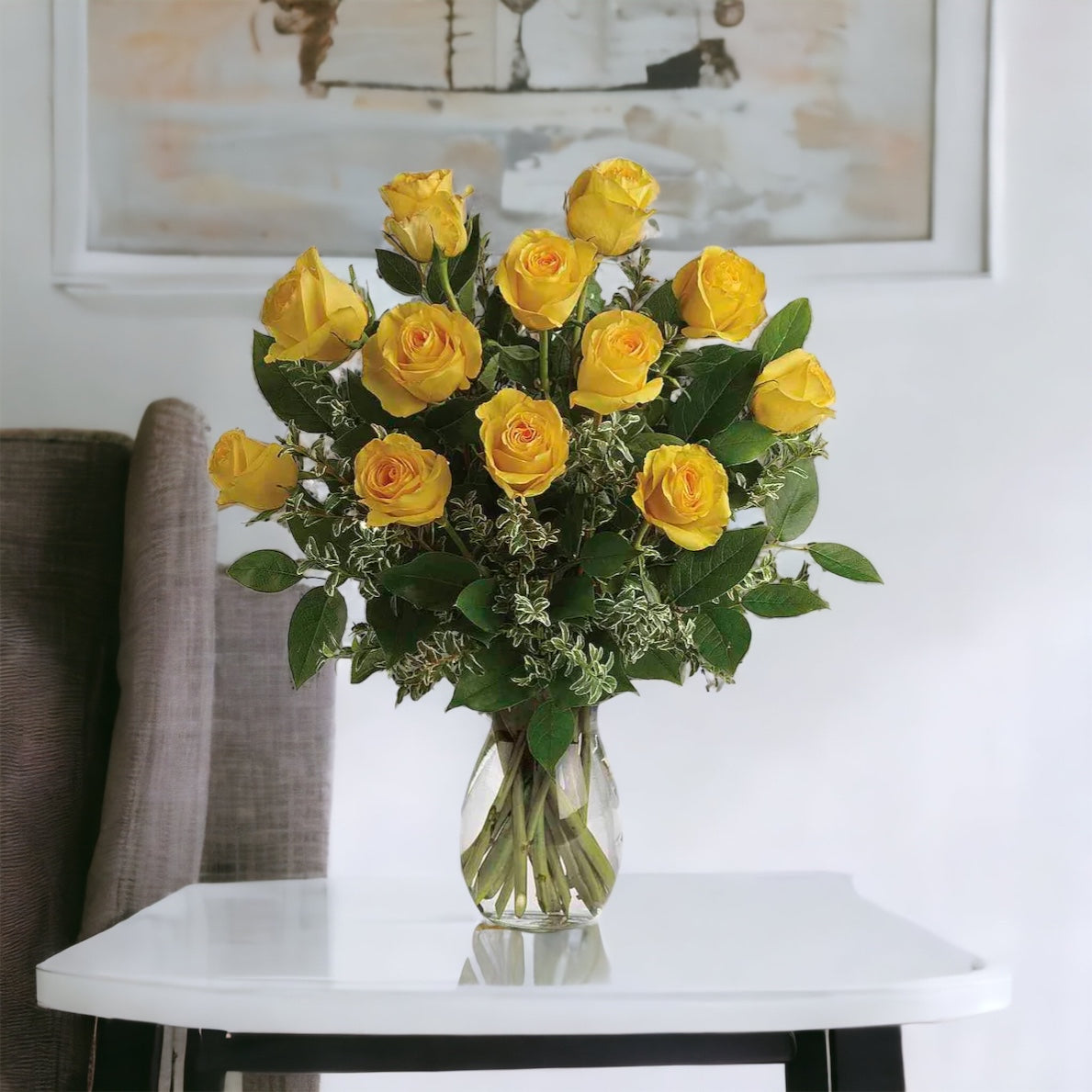 24 Stem Yellow Roses in a Clear Vase