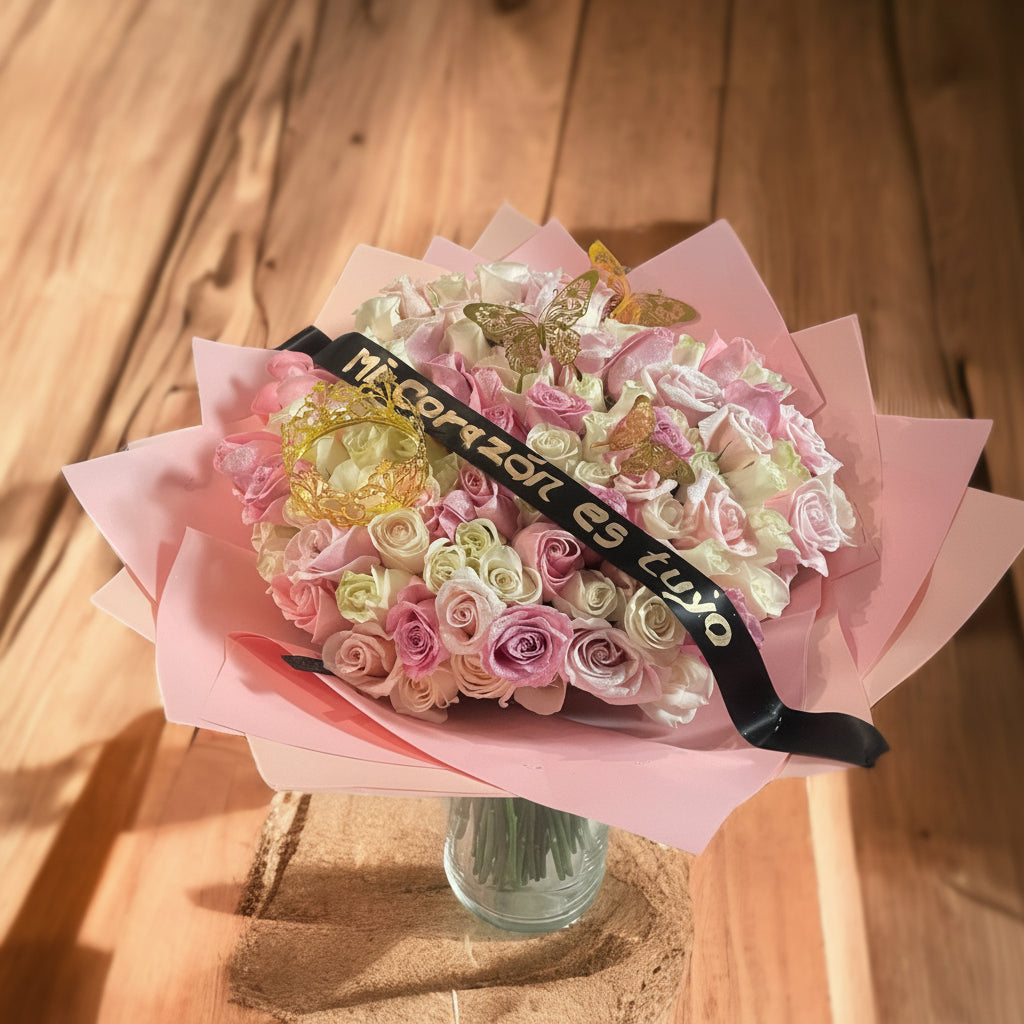 100 Stem Glitter Rose Bouquet With Crown, Butterflies, & Customized Ribbon.