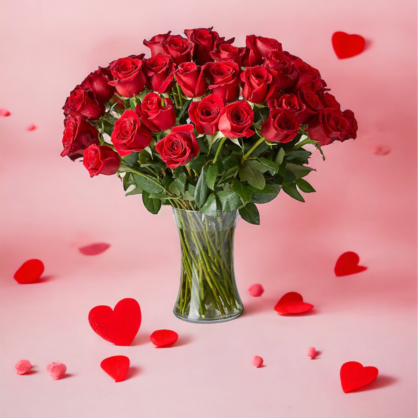 I Love You Red Roses with Greens in a Clear Vase