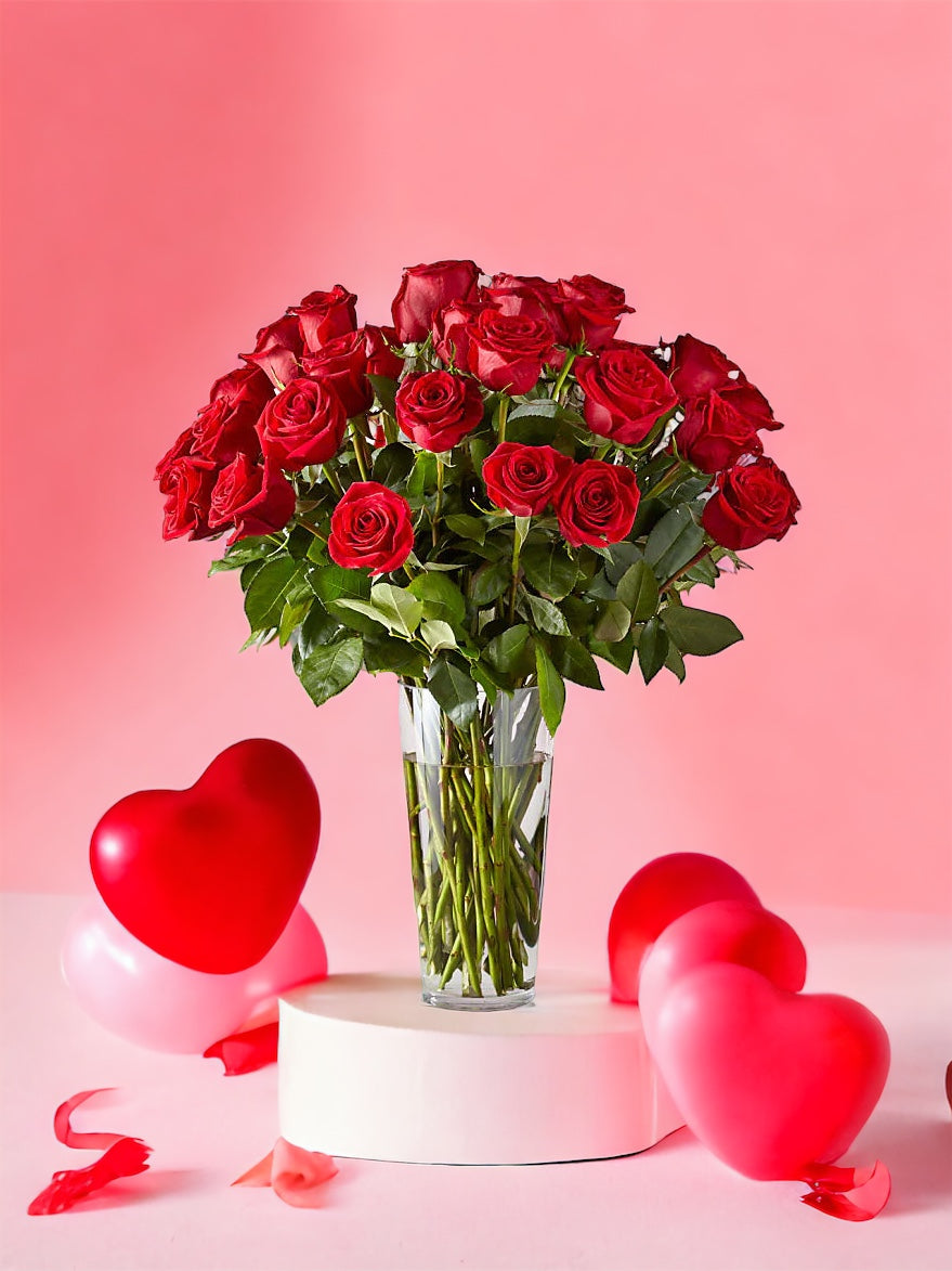 I Love You Red Roses with Greens in a Clear Vase