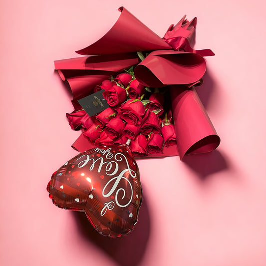 24 Stem Red Roses | I Love You Balloon Stick