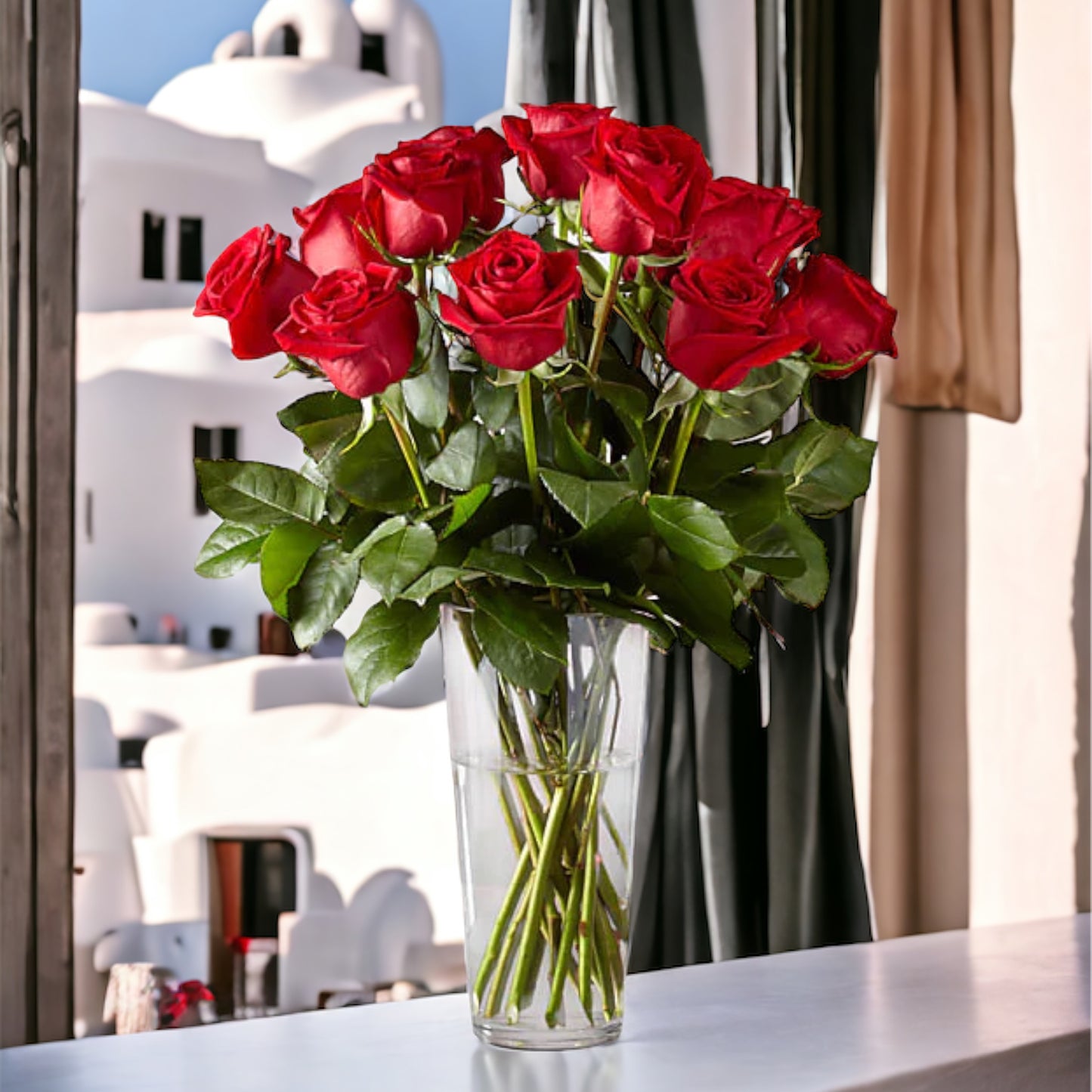 I Love You Red Roses with Greens in a Clear Vase