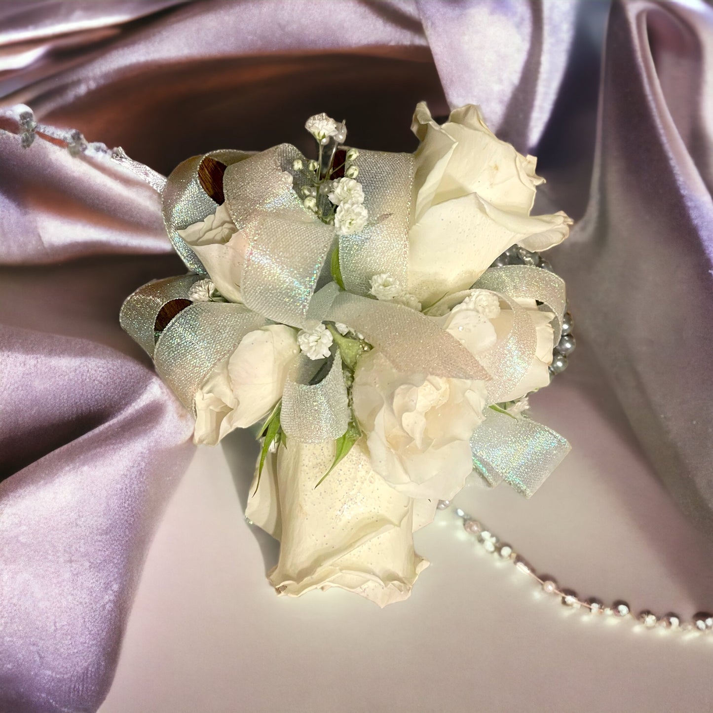 White Rose Corsage with Gray Pearl & Stone Bracelet