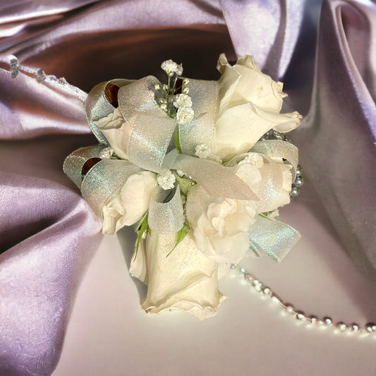 White Rose Corsage with Gray Pearl & Stone Bracelet