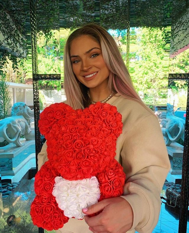 Red White Heart Rose Bear
