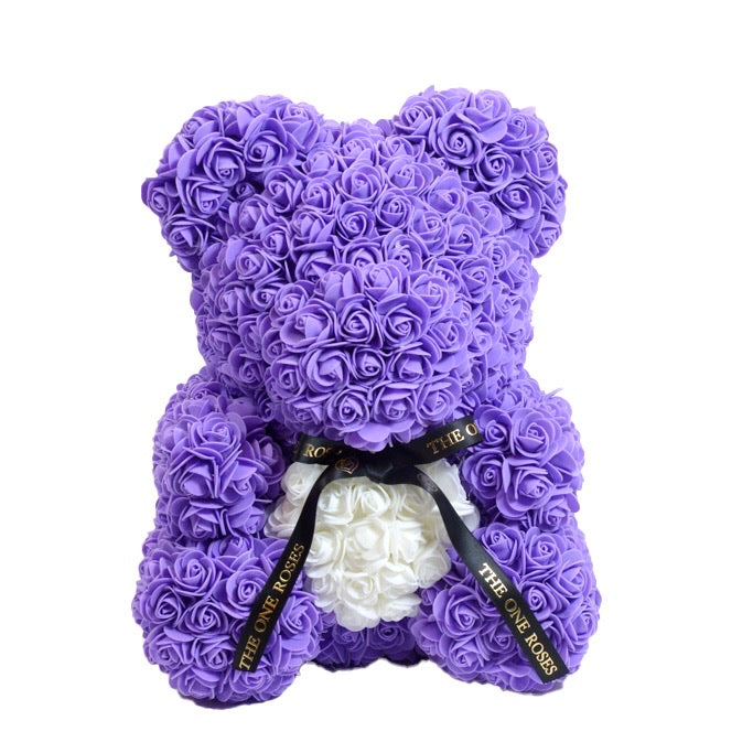 Purple White Heart Rose Bear