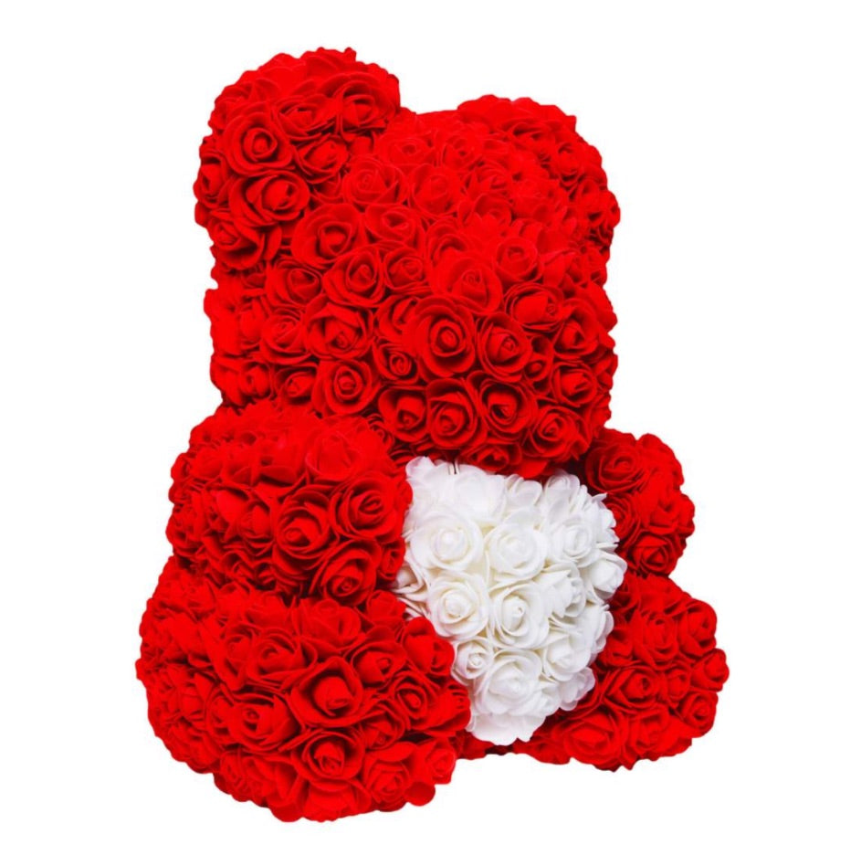 Red White Heart Rose Bear